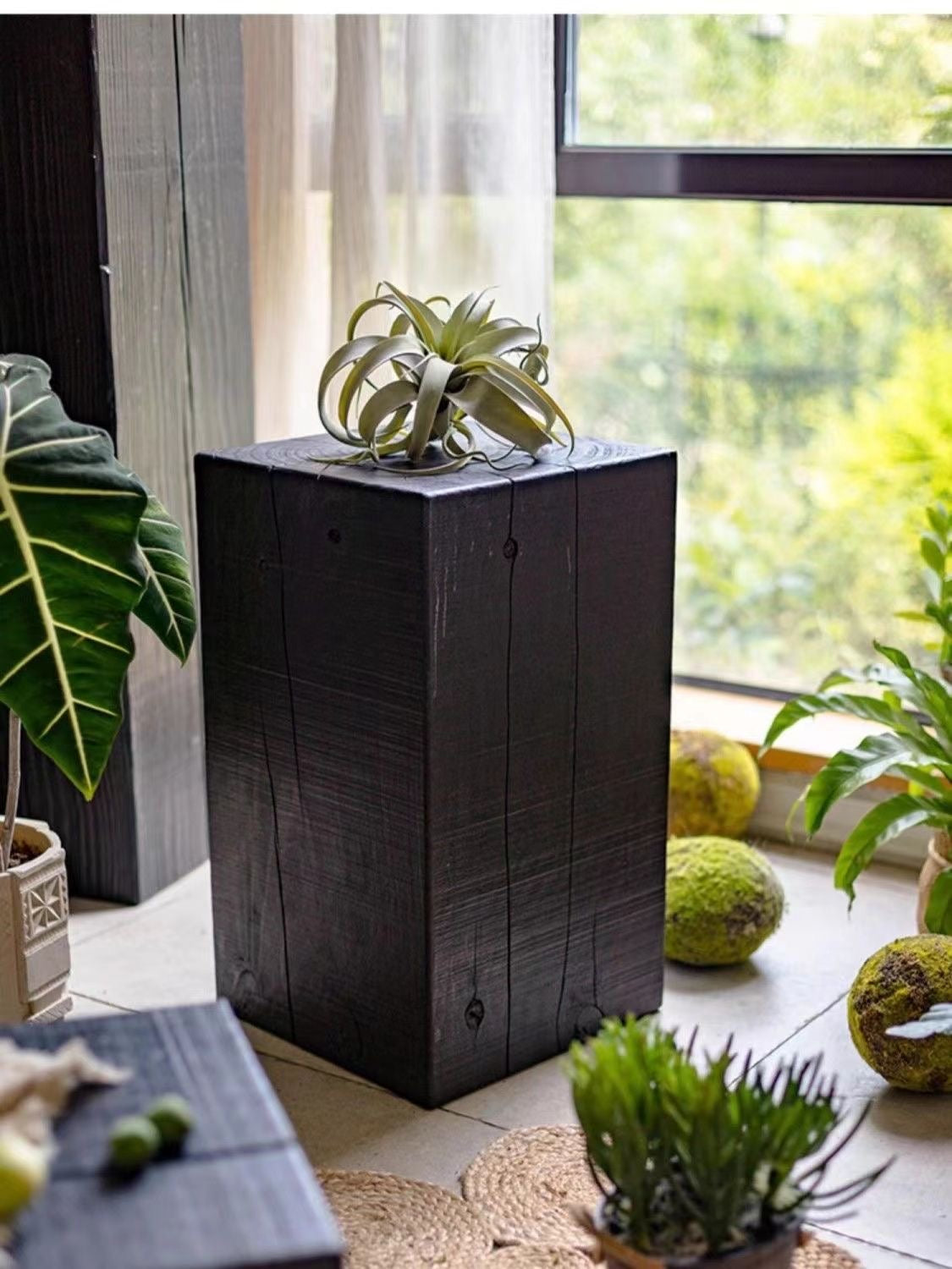 Charcoaled Pedestal Stand - Solid Wood - Display Base for Home Decor, Sculptures, or Plants