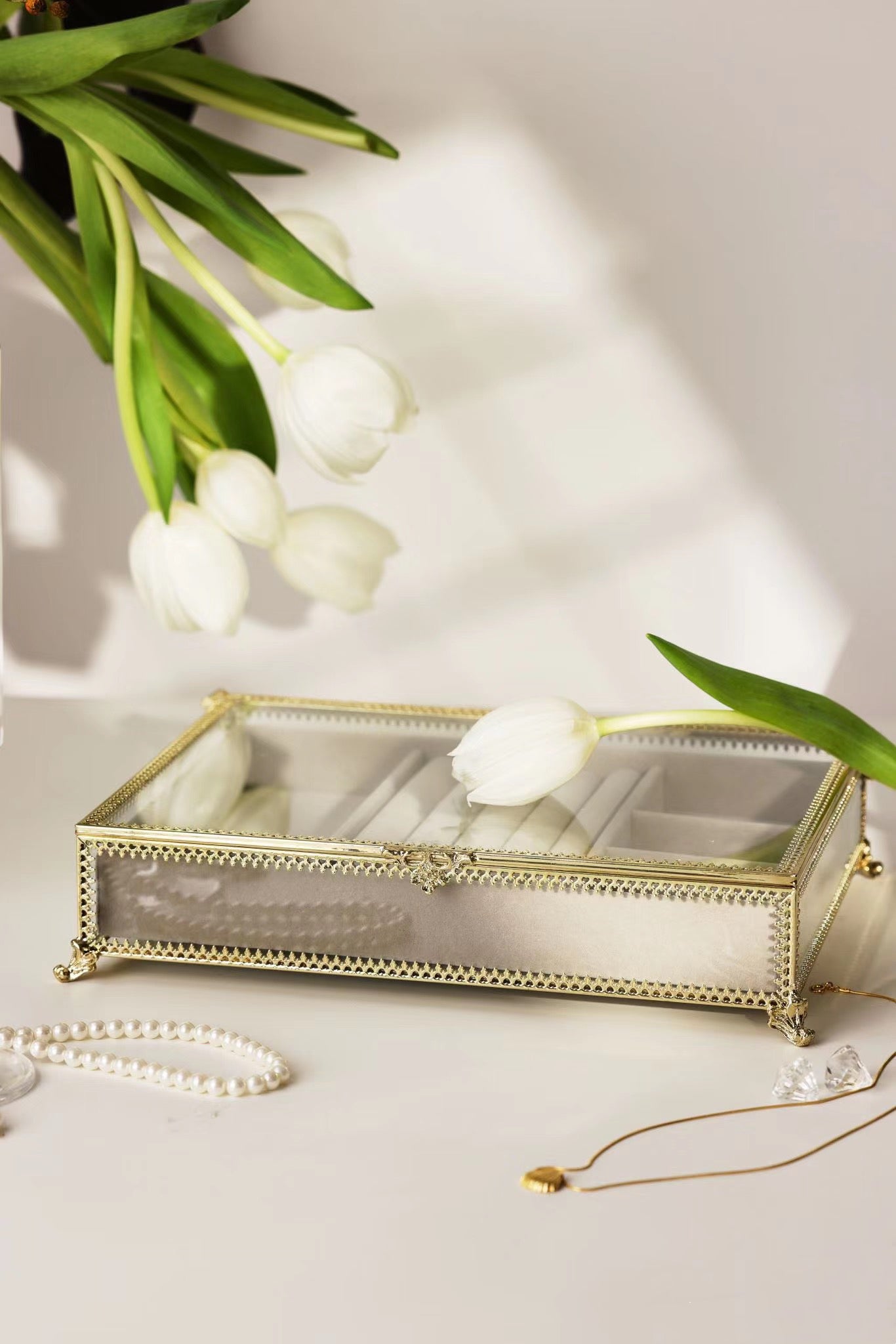 Crystal Sparkle Glass Jewelry Storage Box Desktop Organizer