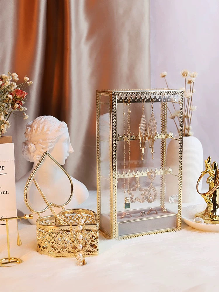 Elegant Glass Silver Lace Trim Jewelry Standing Display Case with Necklace and Earring Holder