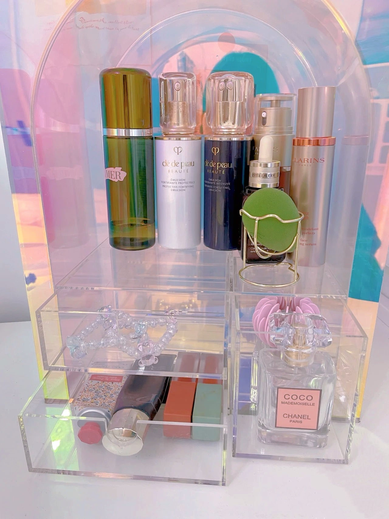 Iridescent Tabletop Shelf for Makeup Acrylic Organizer Vanity Storage