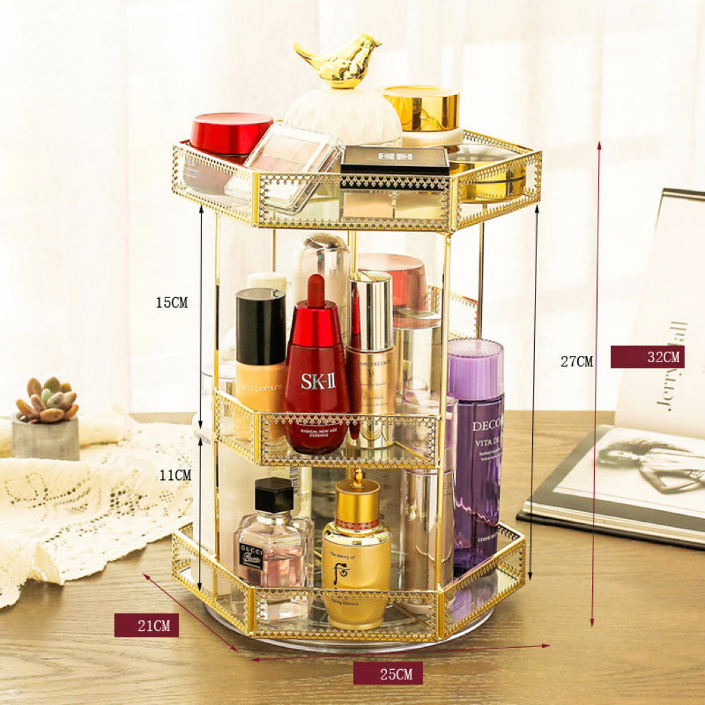 Gold Glass Rotation Makeup Perfume Tray Organizer