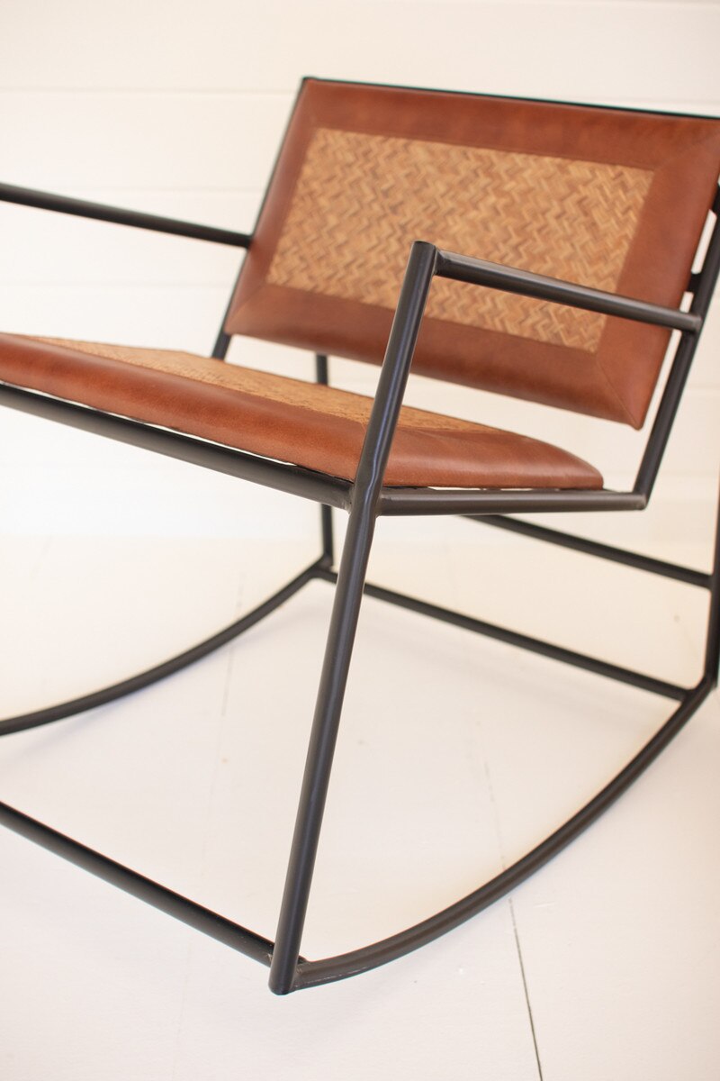 Kalalou Rocking Iron Chair with Leather and Woven Cane