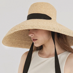 Oversized Wide-Brim Straw Sun Hat – Elegant Raffia Beach Hat with Black Ribbon | Summer UV Protection for Women