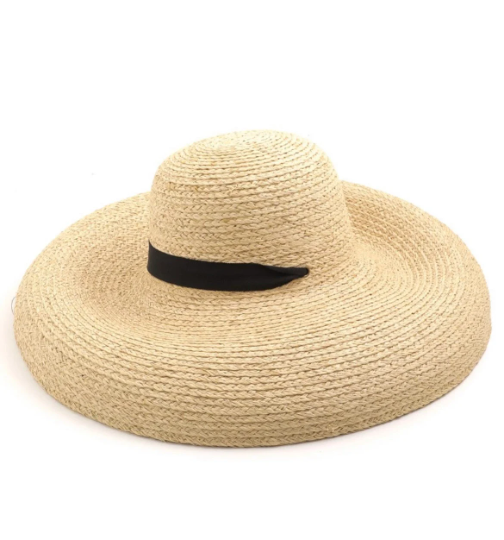 Oversized Wide-Brim Straw Sun Hat – Elegant Raffia Beach Hat with Black Ribbon | Summer UV Protection for Women