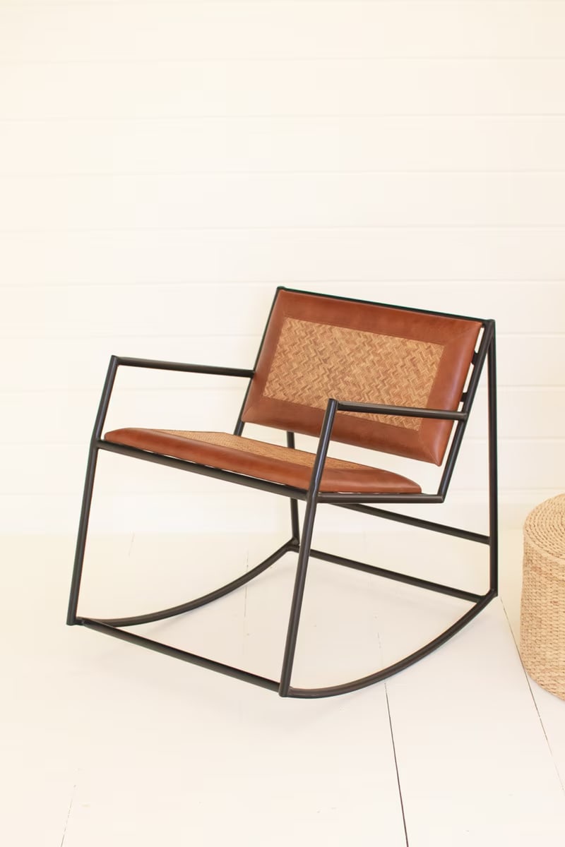 Kalalou Rocking Iron Chair with Leather and Woven Cane