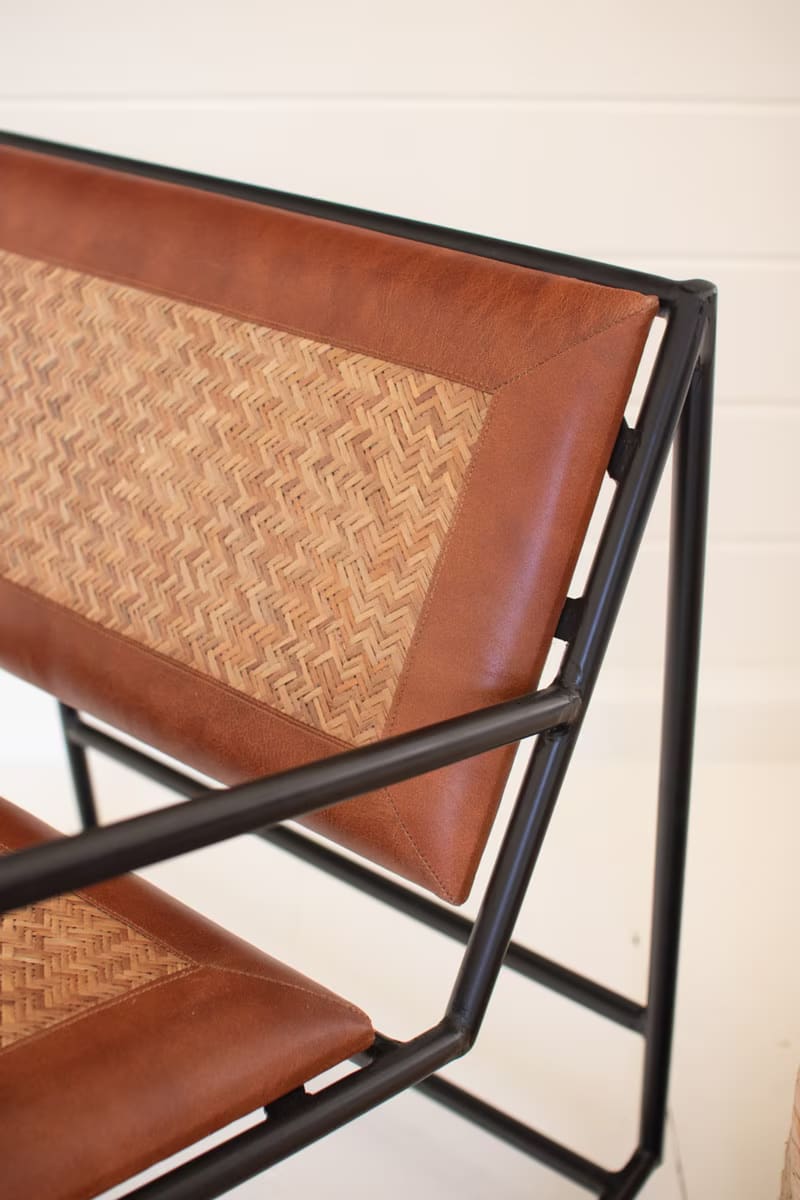 Kalalou Rocking Iron Chair with Leather and Woven Cane