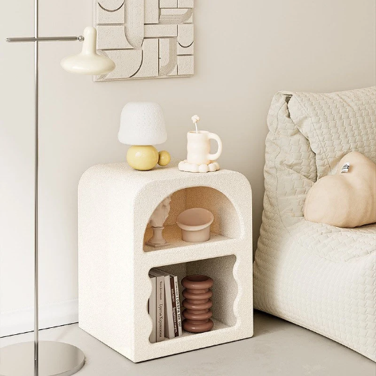Boho White Side Table Wavy Storage Shelf from Ausique Decor