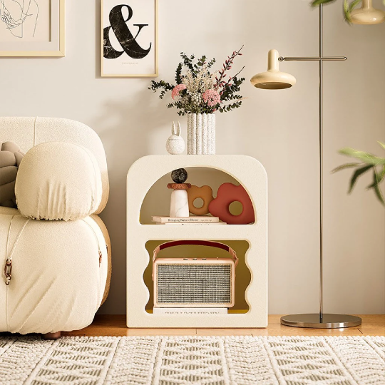 Boho White Side Table Wavy Storage Shelf from Ausique Decor